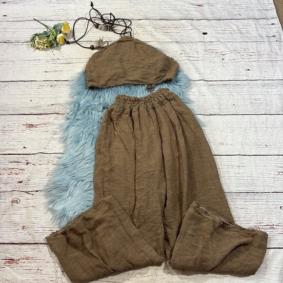 Lace the Label Greek Taupe Gauze Halter Feather Wide Leg Pant Top Set - Picture 1 of 11